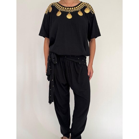 80s black embellished gold seashell retro loose cotton pant one piece jumpsuit - Picture 2 of 10